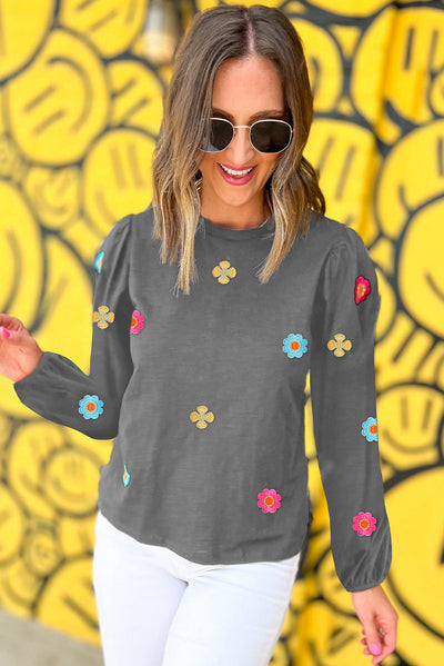 Medium Grey Floral Embroidered Puff Sleeve Blouse-Tops-MomFashion