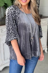 Medium Grey Leopard Splicing Lantern Sleeve Velvet Blouse-Tops-MomFashion