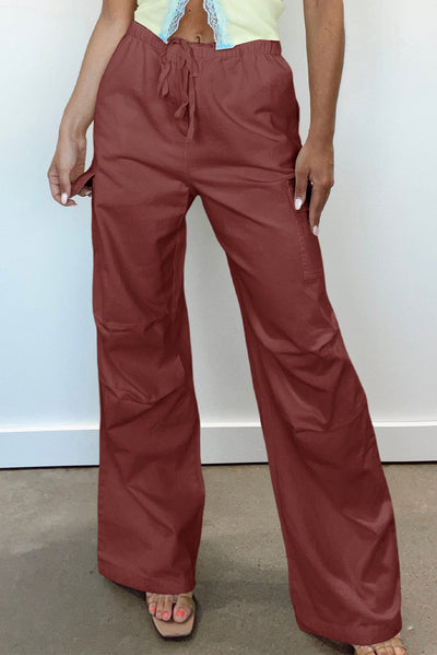 Mineral Red Solid Color Drawstring Waist Wide Leg Cargo Pants-Bottoms-MomFashion