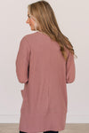 Mineral Red Solid Color Waffle Knit Cardigan with Pocket-Sweaters & Cardigans/Cardigans-MomFashion