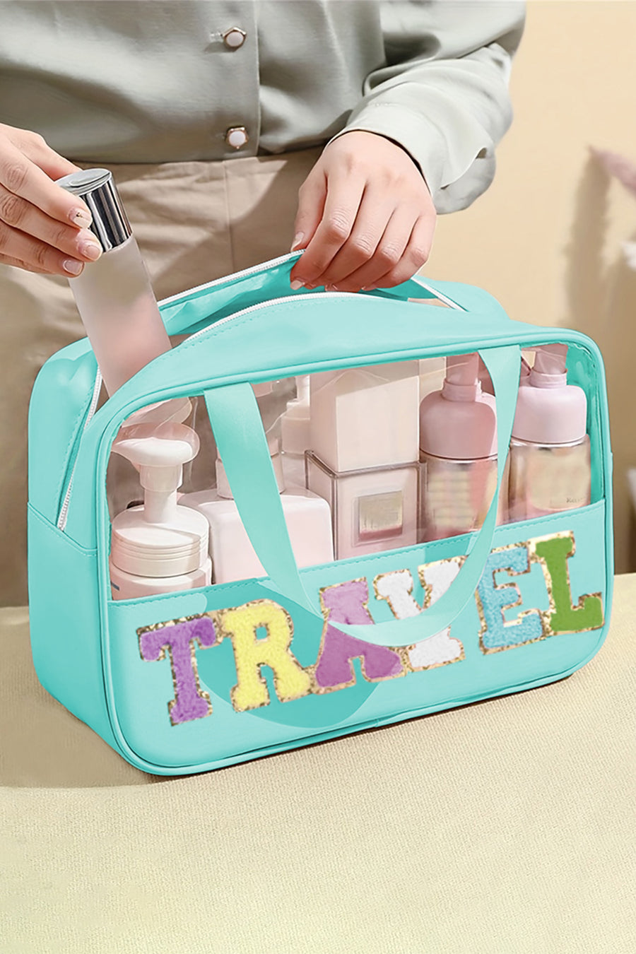 Mint Green TRAVEL Chenille Letter Clear PVC Makeup Bag-Accessories-MomFashion