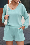 Mist Blue Corded V Neck Slouchy Top Pocketed Shorts Set-Loungewear-MomFashion