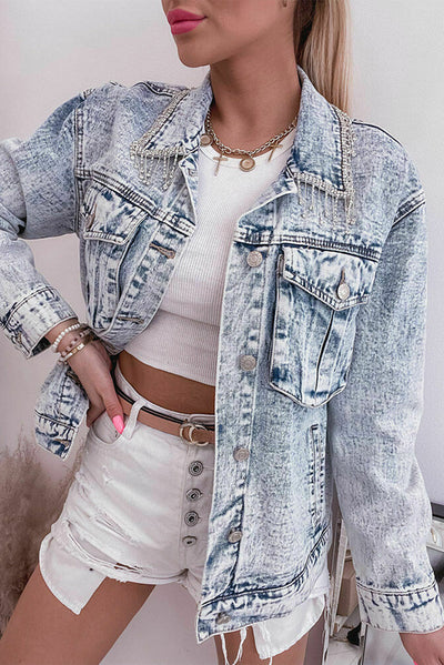 Mist Blue Retro Rhinestone Fringed Collar Light Wash Denim Jacket-Outerwear-MomFashion