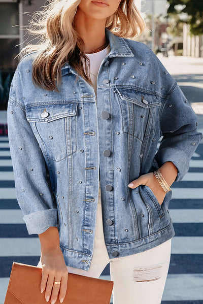 Mist Blue Rhinestones Studded Denim Jacket-Outerwear-MomFashion