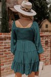 Mist Green Bishop Sleeve Smocked Tiered Mini Dress-Dresses-MomFashion