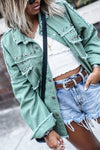 Mist Green Frayed Trim Riveted Denim Jacket-Outerwear-MomFashion