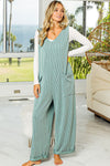 Moonlight Jade Corded Tie Straps V Neck Wide Leg Jumpsuit-Bottoms-MomFashion