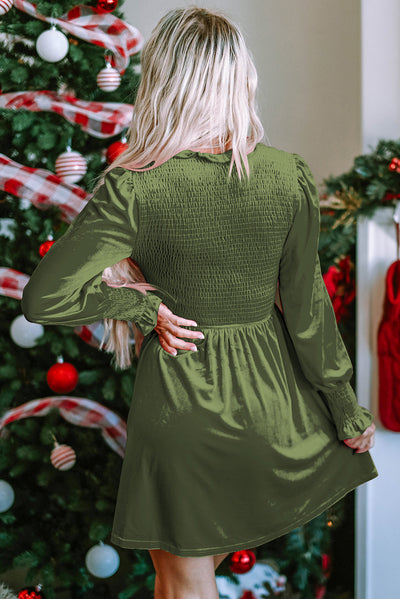 Moss Green Frilled Neck Smocked Bodice Velvet Dress-Dresses-MomFashion