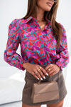 Multicolor Abstract Floral Button Up Long Puff Sleeve Shirt-Tops-MomFashion