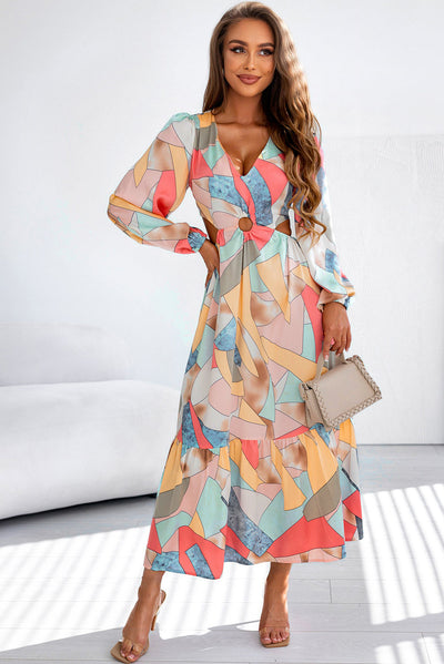 Multicolor Abstract Print O-ring Cut out Long Sleeve Maxi Dress-Dresses-MomFashion