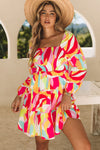 Multicolor Abstract Print Puff Sleeve Smocked Square Neck Dress-Dresses-MomFashion