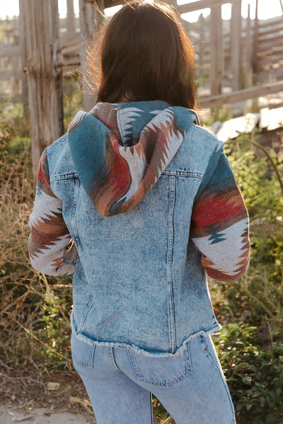 Multicolor Aztec Print Frayed Hem Denim Jacket-Outerwear-MomFashion