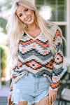 Multicolor Aztec Print V Neck Long Sleeve Top-Tops-MomFashion