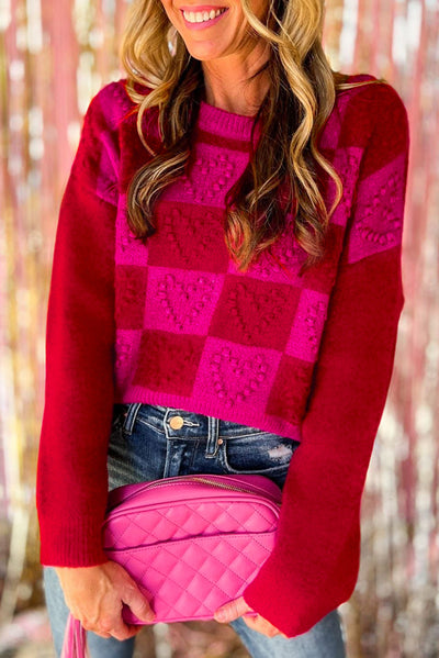 Multicolor Checkered Pattern Heart Detail Textured Sweater-Tops-MomFashion