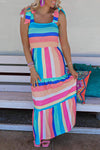 Multicolor Color Block Striped Bow Knot Straps Maxi Dress-Dresses-MomFashion