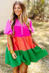 Multicolor Color Block Tiered Puff Sleeve Dress-Dresses-MomFashion