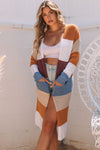 Multicolor Colorblock Open Front Long Knit Cardigan-Tops-MomFashion