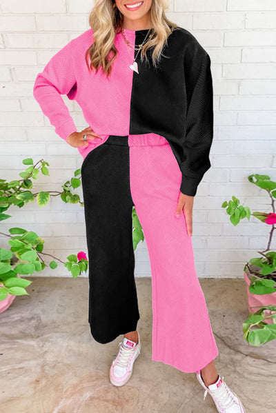 Multicolor Contrast Color Block Textured Casual 2pcs Outfit-Loungewear-MomFashion