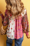 Multicolor Floral Patchwork Shirred Cuff Buttoned V Neck Blouse-Tops-MomFashion