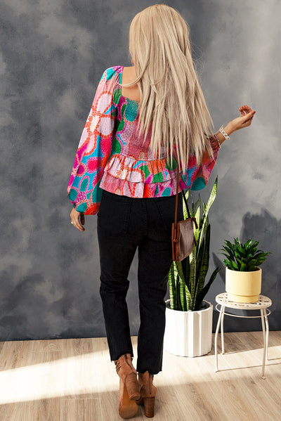 Multicolor Floral Print Smocked Square Neck Ruffles Blouse-Tops-MomFashion