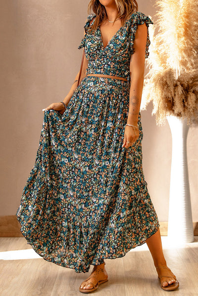 Multicolor Floral Ruffled Crop Top and Maxi Skirt Set-Dresses-MomFashion