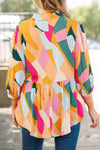 Multicolor Geometric Print Bracelet Sleeve Henley Blouse-Tops-MomFashion