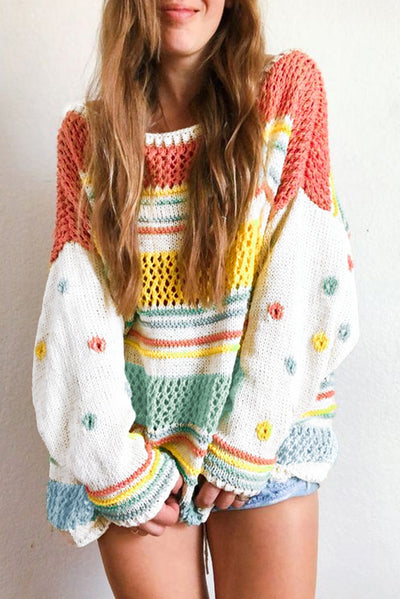 Multicolor Hollow Striped Knit Contrast Sleeve Sweater-Tops-MomFashion