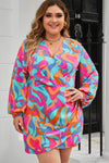 Multicolor Plus Size Abstract Print Pleated Surplice Long Sleeve Dress-Plus Size-MomFashion