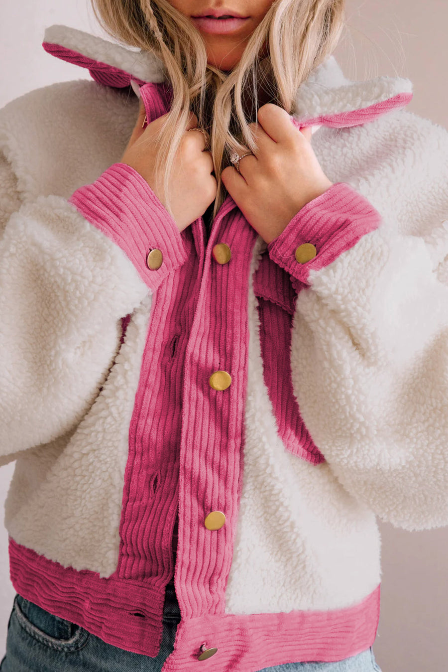 Multicolor Sherpa Corduroy Patchwork Button up Crop Jacket-Outerwear-MomFashion