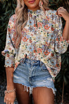 Multicolor Shirred Cuffs Bubble Sleeve Floral Blouse-Tops-MomFashion