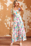 Multicolor Square Neck Puff Sleeve Tiered Floral Maxi Dress-Dresses-MomFashion