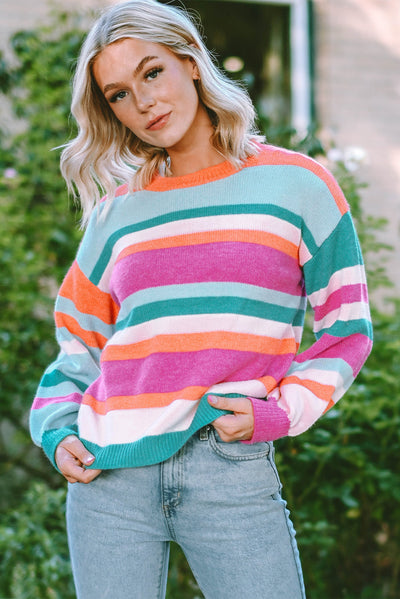 Multicolor Striped Knit Drop Shoulder Puff Sleeve Sweater-Tops-MomFashion