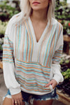 Multicolor Striped Patchwork V Neck Drop Shoulder Knit Hoodie-Tops-MomFashion