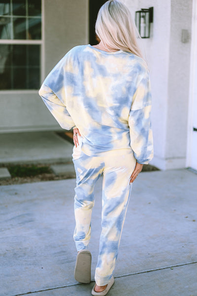 Multicolor Tie Dye Henley Top and Drawstring Pants Outfit-Loungewear-MomFashion