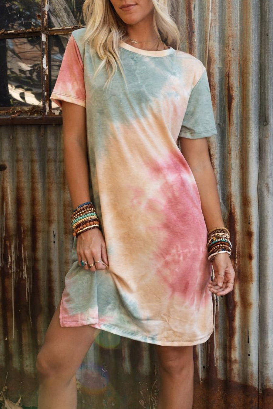 Multicolor Tie Dye Oversized Slit Tee Dress-Dresses-MomFashion