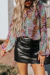 Multicolor Vibrant Floral Tie V Neck Puff Sleeve Blouse-Tops-MomFashion