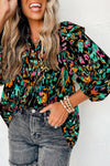 Multicolour Abstract Print 3/4 Puff Sleeve Ruffle Blouse-Tops-MomFashion