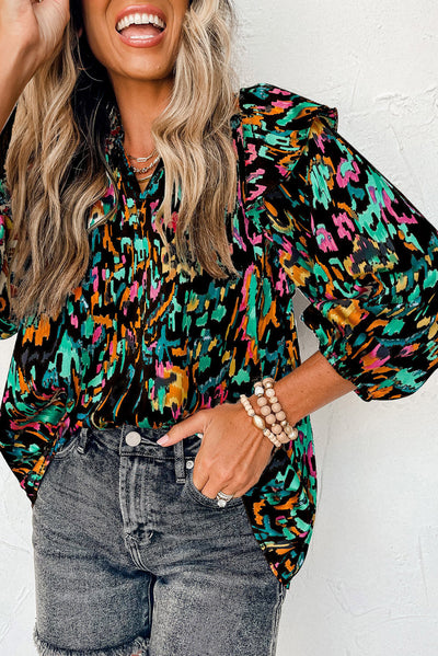 Multicolour Abstract Print 3/4 Puff Sleeve Ruffle Blouse-Tops-MomFashion