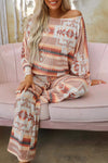 Multicolour Aztec Print Puff Sleeve Pullover and Pants Lounge Outfit-Loungewear-MomFashion