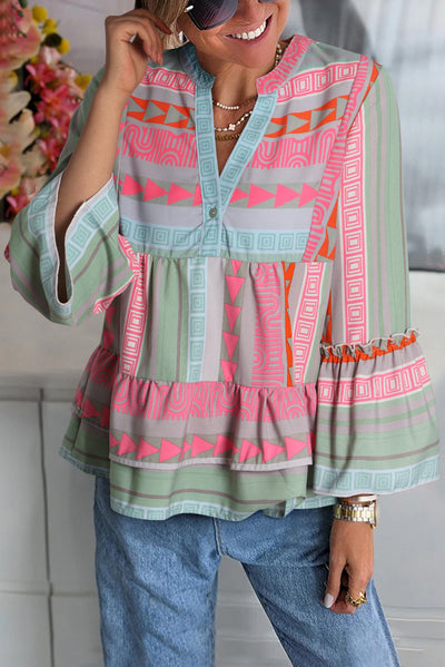 Multicolour Boho Geometric Print Split Neck Ruffle Blouse-Tops-MomFashion