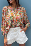 Multicolour Floral Print Lace Splicing Button up Puff Sleeve Shirt-Tops-MomFashion