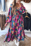 Multicolour Floral Print Square Neck Ruffled High Waist Dress-Dresses-MomFashion
