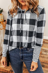 Multicolour Plaid Striped Patchwork Drawstring Hoodie-Tops-MomFashion