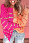 Multicolour Striped Color Block Loose Fit Knit Sweater-Tops-MomFashion