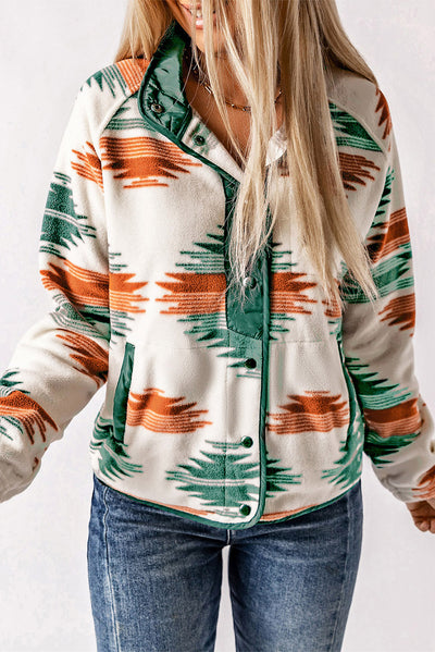 Multicolour Western Aztec Snap Buttoned Fleece Jacket-Outerwear-MomFashion