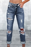 Navy Blue Light Wash Frayed Slim Fit High Waist Jeans-Bottoms-MomFashion