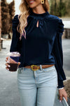 Navy Blue Mock Neck Puff Sleeve Velvet Blouse-Tops-MomFashion