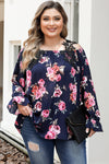 Navy Blue Plus Size Crochet Detail Cold shoulder Floral Blouse-Plus Size-MomFashion