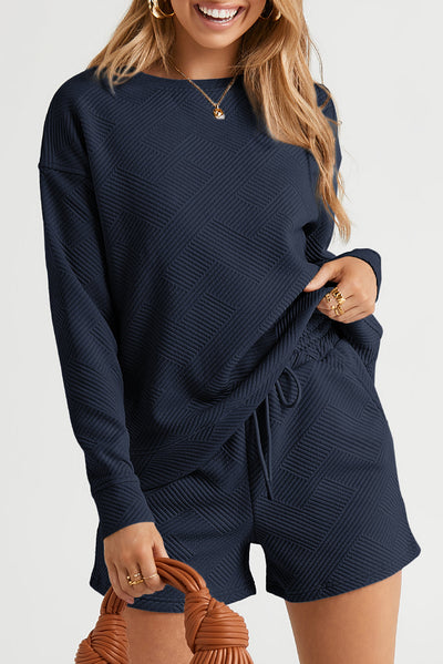 Navy Blue Textured Long Sleeve Top and Drawstring Shorts Set-Loungewear-MomFashion