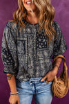 Navy Blue Vintage Boho Paisley Print 3/4 Sleeve Blouse-Tops-MomFashion